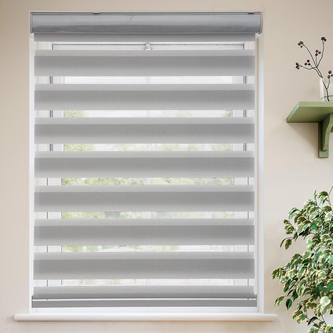 MYshade Roller Shades Zebra Blinds for Indoor Windows Cordless Day and Night Light Filtering Dual Layer Roller Window Blinds & Shades, Easy to Install, Size 28" W x 72" H, Grey