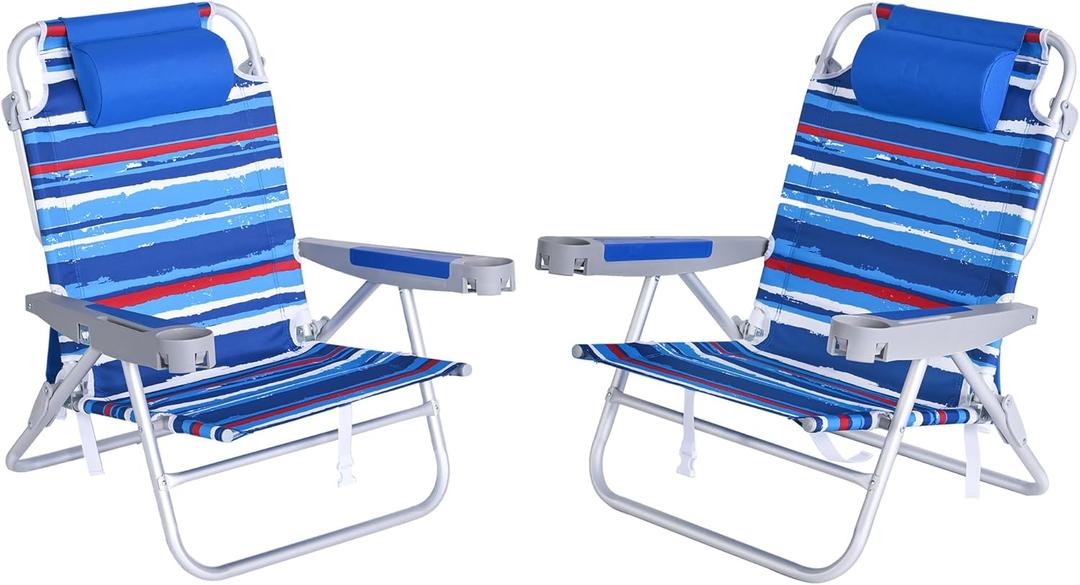SUNNYFEEL Extra Wide Low Beach Chair 2 Pack 5 Position Lay Flat 500 LBS Heavy Duty, XL Oversized Folding Camping Chairs with Cup Holder for Outdoor/Sand, Portable Backpack Beach Chair for Adults (Darkblue Stripe-2set)