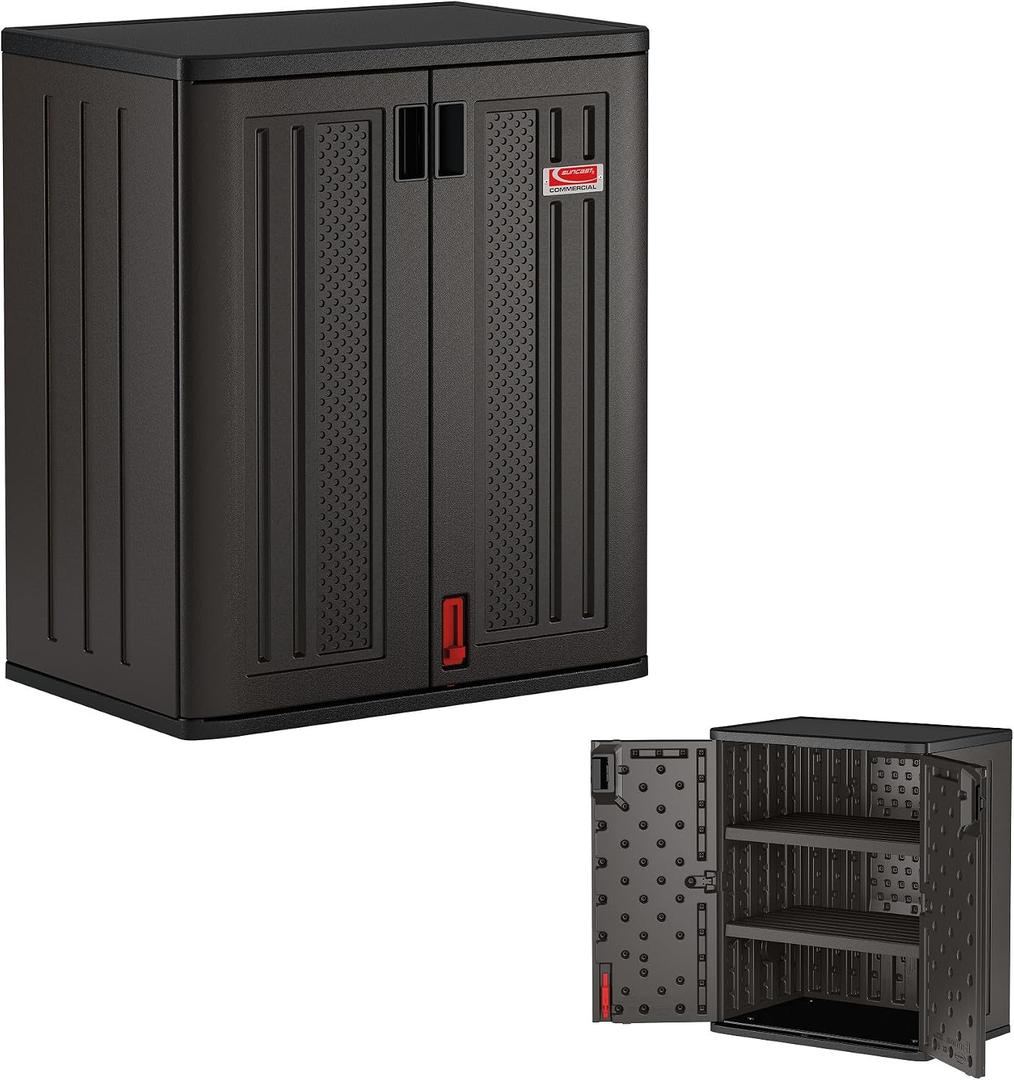 Suncast Heavy-Duty Resin Outdoor Storage Cabinet, 30" W x 20.25" D x 36" H Dark Grey Base Garage Storage Cabinet with Lockable Doors and Metal Reinforced Shelves, Made in The USA