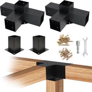 4x4 Woodworks Pergola Brackets Kit, 4-Way Corner Extension Brackets, Black Powder Coated, 4x4 Metal Brackets for Wood Beams, Fence and Carport (Actual: 3.5""x3.5""), TK00062-3T2P