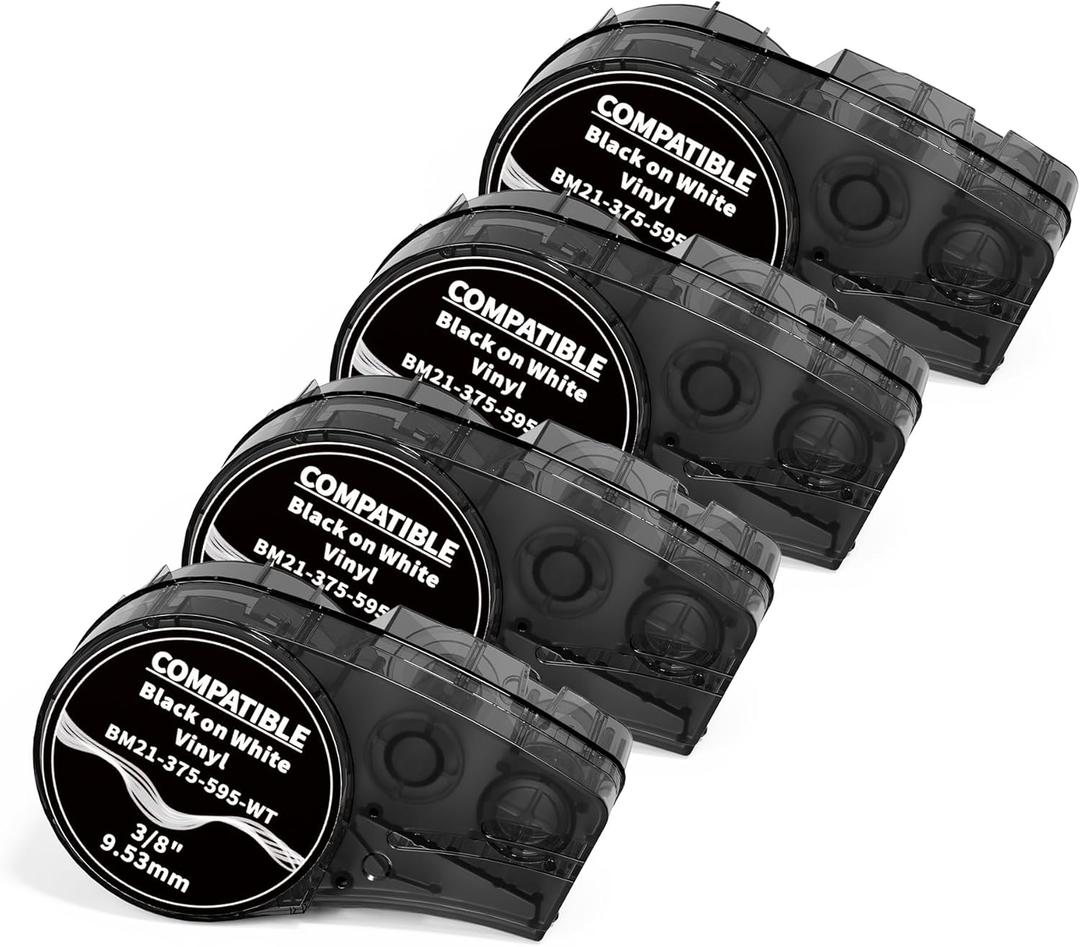 Compatible Label Tape Replacement for M21-375-595-WT All-Weather Vinyl Labels Tape for Indoor/Outdoor ID, Lab and Equipment Labeling, Black on White, .375" 21' L, 4 Pack