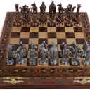 Medieval British Army Antique Copper Metal Chess Set for Adults,Handmade Pieces and Natural Solid Wooden Chess Board with Storage Inside King 3.35inc, 15x15x2.55 inches