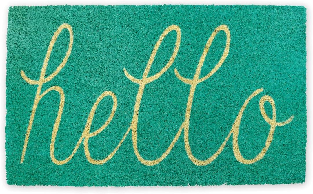 DII Hello Coir Fiber Doormat Non-Slip Durable Outdoor/Indoor, Pet Friendly, 18x30, Aqua