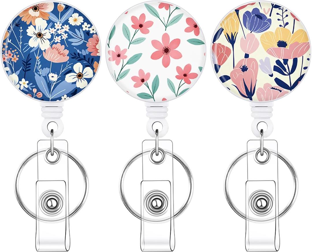 BESARME 3 Pack Badge Reels Retractable Badge Clip with Key Ring Retractable Badge Holders for Office Worker Teacher Nurse StudentFlower