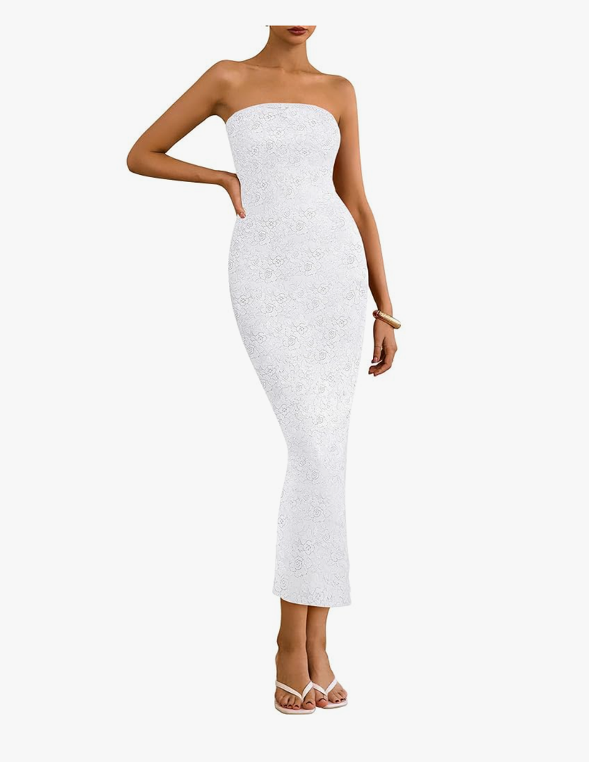 Zesica Women Strapless Lace Formal Maxi Dress Summer Bodycon Tube Back Slit Cocktail Vacation Beach Wedding Guest Dresses, Size Small