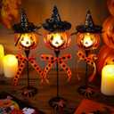 3 Set Halloween Pumpkin Candle Holders DIY Halloween Decorations Set Include Grimace Tealight Votive Candlestick Holders, LED Candle, Witch Hat, Spider, Ribbon to Create a Thrilling Atmosphere