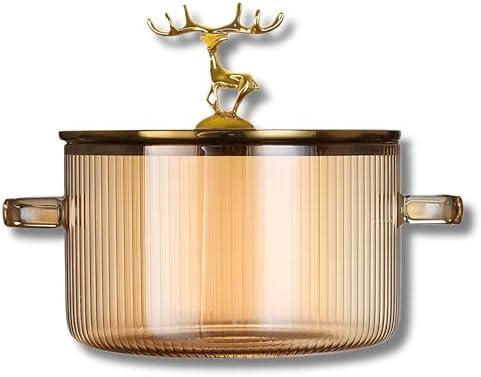 Generic Glass Pot with Ribbed Design & Cute Golden Deer Handle Lid Heat-Resistant Borosilicate Cookware with Ergonomic Double Handles, Oven & Stovetop Safe for Cooking, Serving & Storage