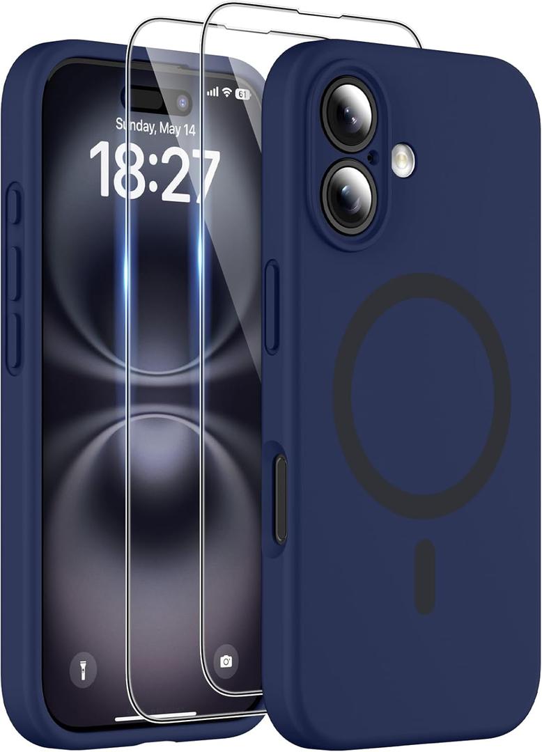 Magnetic for iPhone 16 Case, Compatible with MagSafe, Two 9H Screen Protectors, Full Camera Protection, Military-Grade Protection Silicone Phone Cover for 16 6.1", Dark Blue