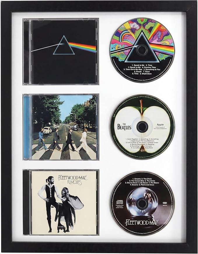 Signed CD Music Display Frame for Wall Mounting | wall cd holder Holds 3 CD/DVD Jewel Cases with Real Glass and White Mat