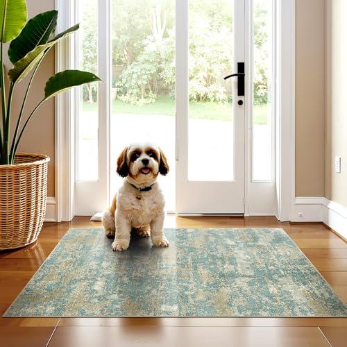 WITSHOCK Washable 2x3 Entryway Area Rug: Kitchen Rugs Runner Abstract Soft Floor Mat Non-Slip Stain Resistant Indoor Carpet for Bathroom Living Room,Teal Brown