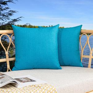 Kevin Textile Pack of 2 Outdoor Waterproof Throw Pillow Covers Solid Checkered Linen Decorative Farmhouse Pillowcases for Garden Patio Tent Balcony Couch Sofa 24 x 24 Peacock Blue