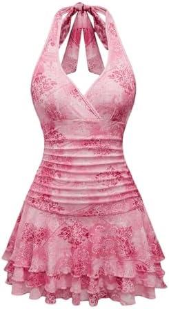 WDIRARA Women's Y2k Leopard Print Halter Dress Tie Backless Layered Ruffle Hem Mini Dresses Cheetah Mesh Dress XL