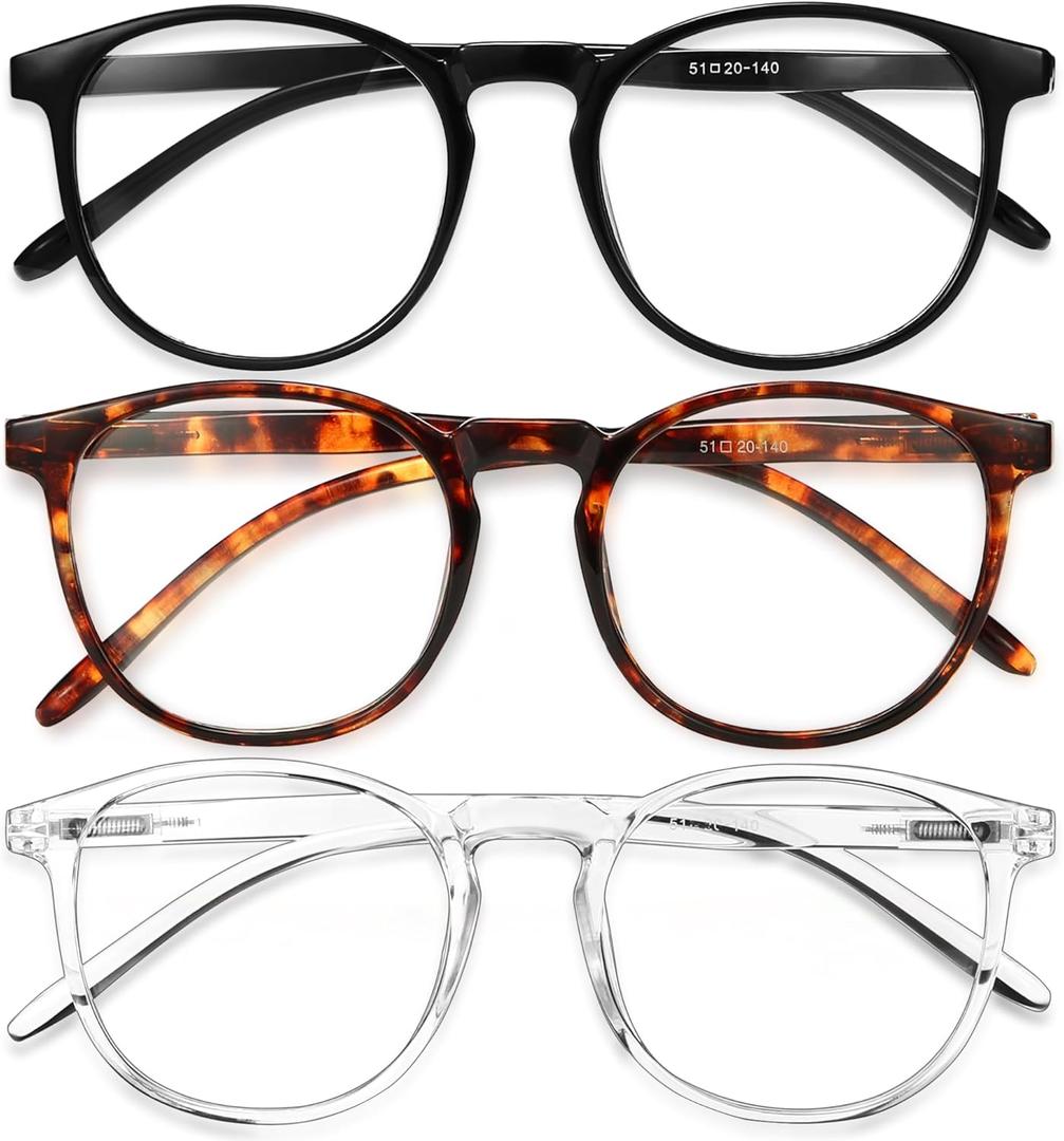 IBOANN Chic & Comfy Blue Light Glasses for Women - 3-Pack Round Frames, Screen-Ready Style with UV Protection Coating (A3 Light Black & Acorn Tortoise & Transparent)