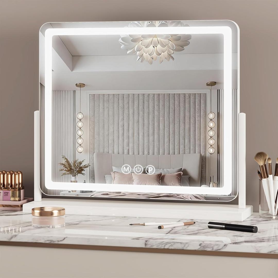 Suidia Vanity Mirror with Lights, 22"20" LED Makeup Mirror with Light, Smart Touch with 3-Color Lighting, 360Ratation for Vanity Desk Tabletop,White,Lamp Belt Style