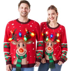 JOYIN Ugly Christmas Sweater Women Men Couples, LED Light Up Ugly Christmas Sweater Kids 2025 Reindeer, Red Large