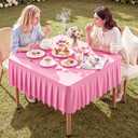 Pink Square Tablecloth - 34x34 Inch Stretchy Fitted Tablecloths for Small Square Card Tables with Ruffle Pleated Table Skirt Wrinkle-free Spandex Table Cover for Dining, Kitchen, Patio & Gift Display