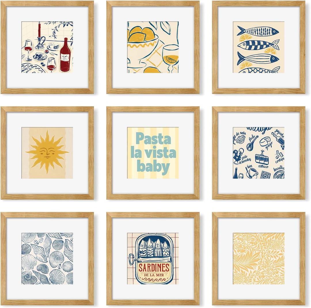 12x12 Picture Frame Set of 9, Photo Gallery Wall Frame Set, Display Pictures 8x8 with Mat or 12 x 12 Without Mat, Square Frame Picture Frames Collage Wall Decor, Natural Oak