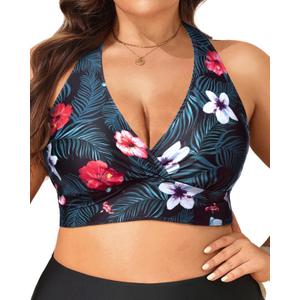 Yonique Women's Plus Size Bikini Tops Only Halter Swimsuit Top Large Bust Swim Top V Neck Bathing Suit Tops (Black Floral, 16W)