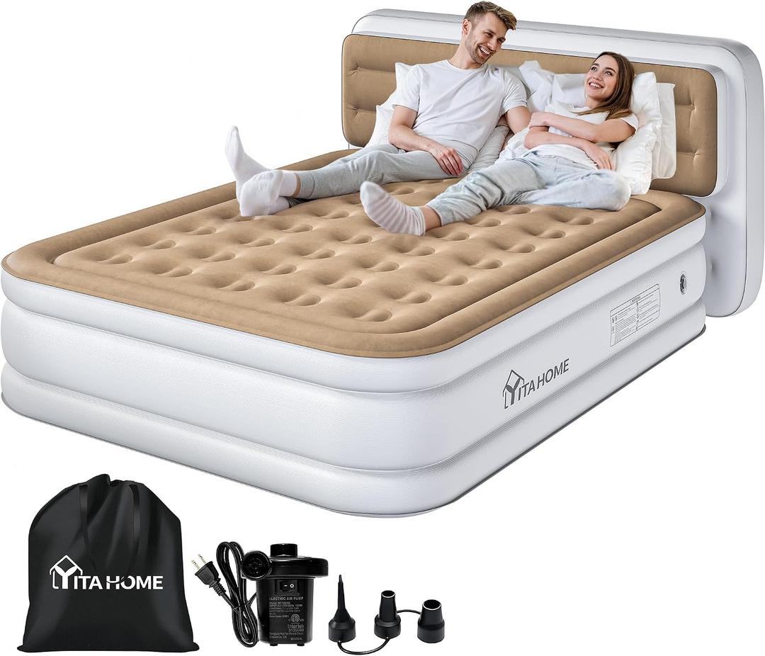 YITAHOME Queen Size Air Mattress with Pump and Banded Headboard, 18in Luxury Flocked Top Blow up Mattress, Durable Inflatable Mattress for Home & Guests, Brown AirBed