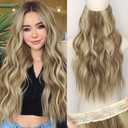 KooKaStyle Invisible Wire Hair Extensions with Transparent Headband Adjustable Size 4 Secure Clips Long Wavy Secret Wire Synthetic Hairpiece 20 Inch for Women(10H24#Dirty Blonde Mixed Bleach Blonde)