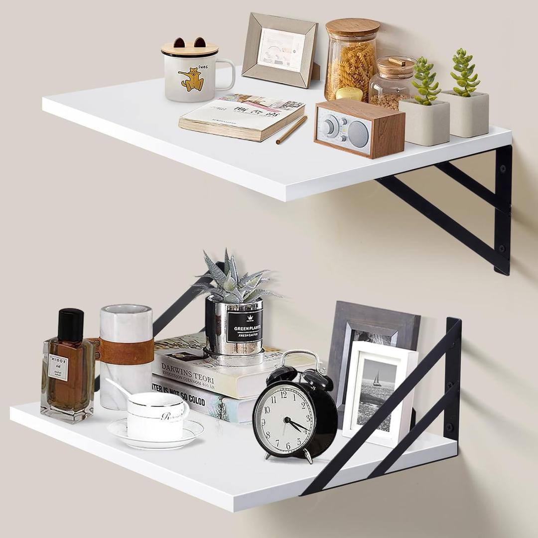 Tectocker-DOU 2 Pc Deep Floating Shelves ; 12 Inch Deep Wall Mounted Hanging Shelves for Living Room, Kitchen, Office, Bathroom and Bedroom Decor; Storage and Display Shelf Set (White)