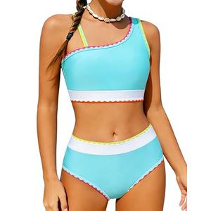 Funnycokid Teen Swimsuits for Girls Two Piece Bathing Suit Kids Green 13-14 Bikini Sets with Chest Pad Adjustable Straps Swimwear