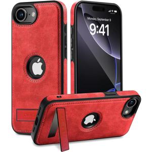 for iPhone 16E Leather Case, Built-in Foldable Alloy Stand, Logo View Design Slim Shockproof Kickstand Phone Cover 6.1 Inch (Red)