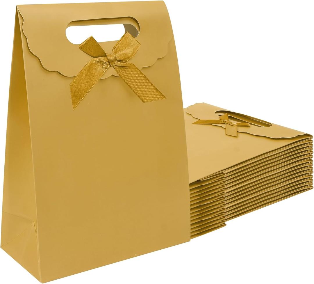 Patdefie Gift Bags with Handles Small Size 7×4×10 inch 16pcs Medium Size for Birthday, Party, Favor, Wedding, Anniversary(Gold)