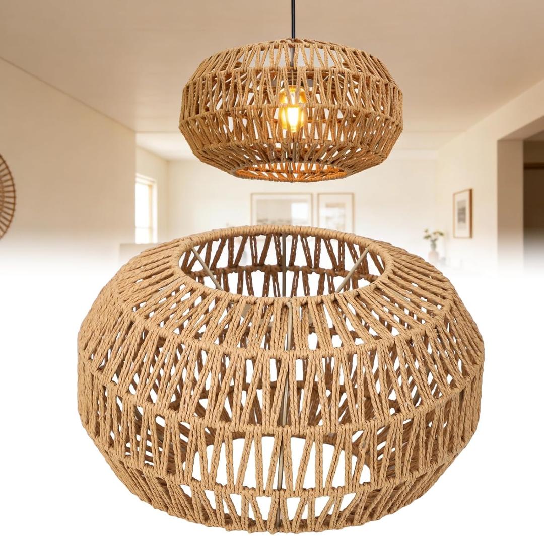 Pendant Light Shade,11.81 x 7.19 in Rattan Lamp Shade Woven Natural Paper Rope Lamp Shades,Handmade Rustic Boho Ceiling Lights Covers for Dining Room,Home Decor,Bedroom,Office,Hotel