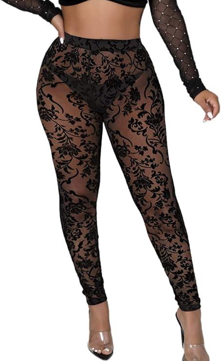 Sheer Mesh Leggings for Women See Through Floral Long Pants Tights Pantihose Black XL