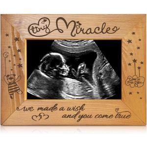 Jenaai Tiny Miracle Engraved Baby Ultrasound Picture Frame New Mom Gift Wood Sonogram Keepsake Picture Frame for Pregnancy Announcements Gender Reveal Baby Shower New Parents, Hold 3 1/2 x 5 Inch