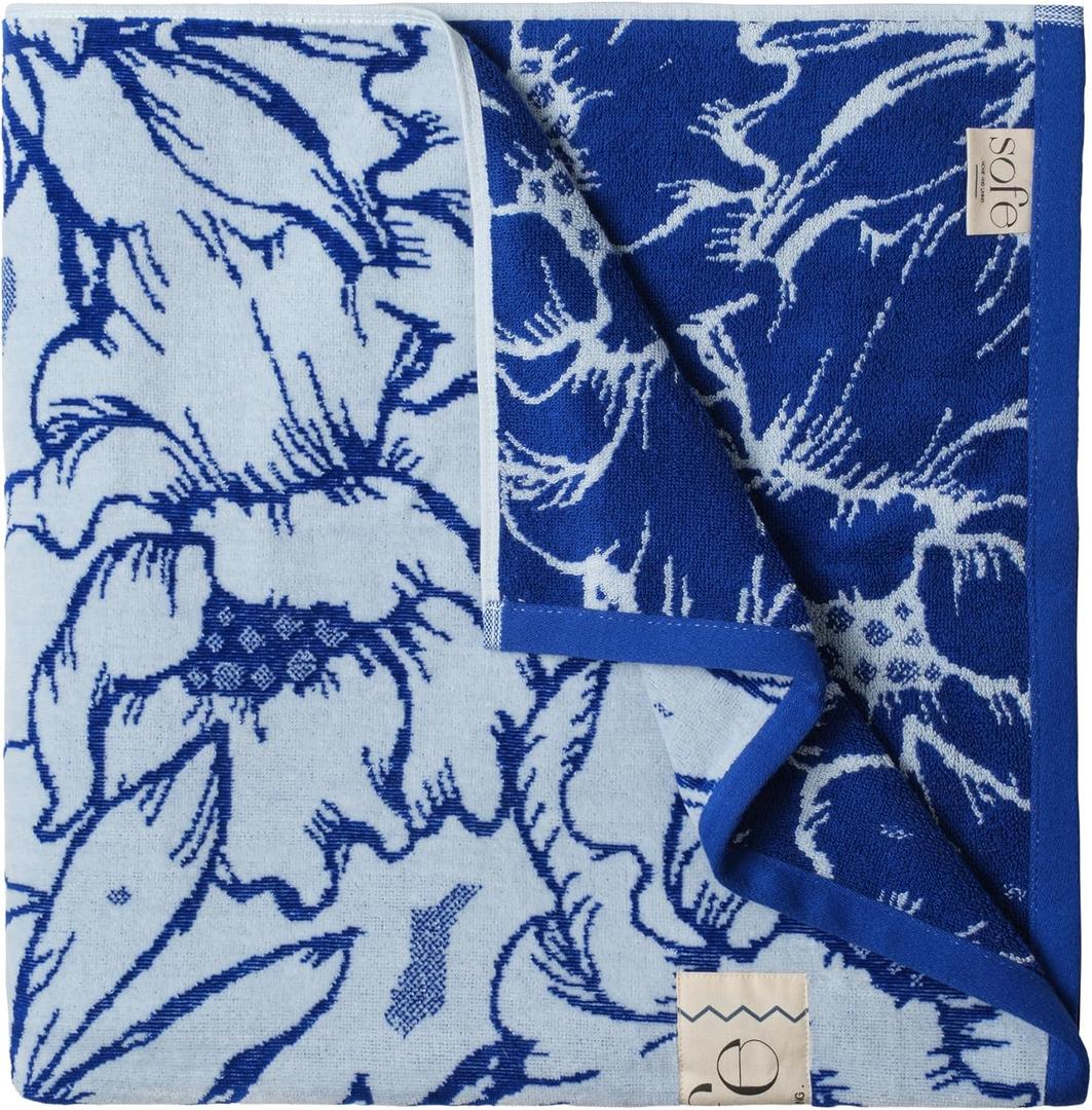 SOFE H&L | Playa Velour Large Beach Towel Pack of 1 (35 x 70) Flowers - Blue | Thick, Premium, Fade Resistant, Durable | Luxury Resort Quality Pool Towel, Turkish Beach Towel with Shoulder Strap
