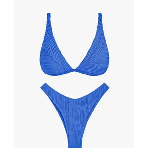 ZAFUL Women's Sexy Two Piece Swimwear Textured Triangle Plunging Neck High Cut Cheeky Bikini Set Solid Color Swimsuit, S