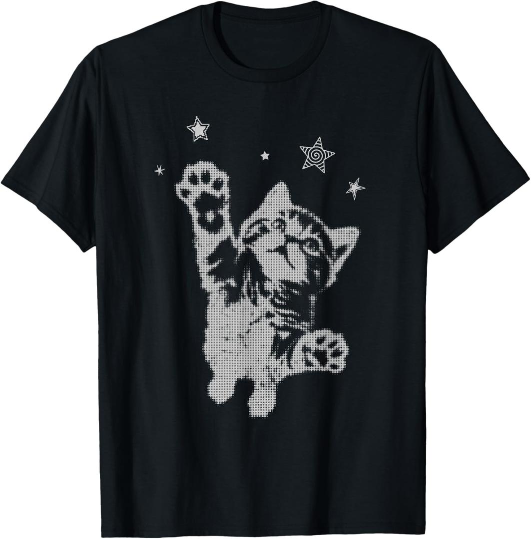 Y2K Cat Jumping Stars Silly 90s 2000s Grunge Vintage Graphic T-Shirt (Black, S)