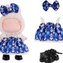 2 x 3-Piece Clothes for17cm Doll Clothes Set & Outfit-Blue Diamond Plaid Dress + Butterfly Clip + Versatile Black Glossy Shoesno Doll Included