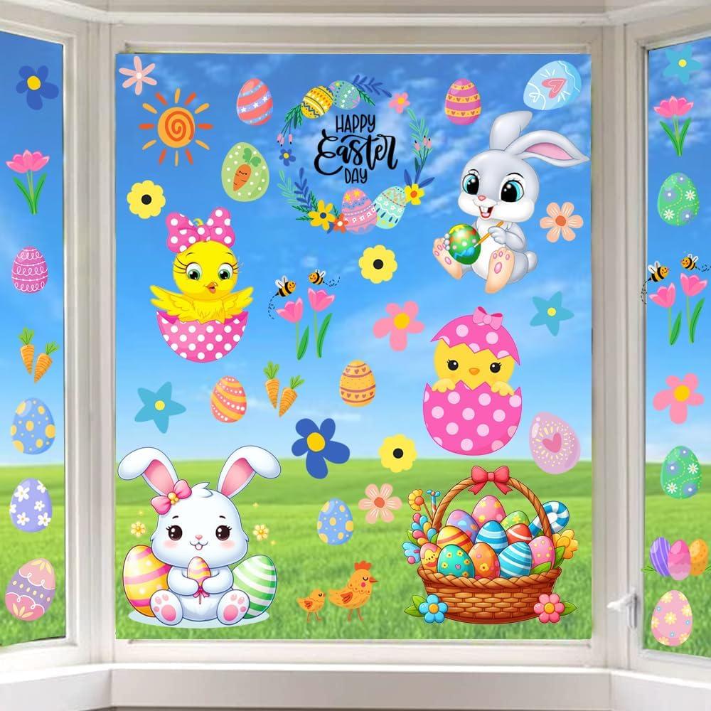 4 x Easter Window Clings Happy Easter Bunny Rabbit Egg Window Stickers Double-Side Glass Decals for Home Office School Shop Display Party Decorations, 9 Sheet