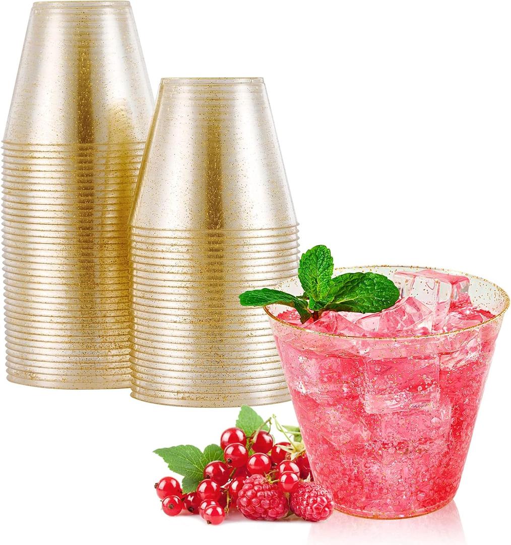JOLLY CHEF 50 Pack 9 oz Glitter Plastic Cups, Disposable Gold Cups, Clear Plastic Tumblers for Weddings Thanksgiving, Christmas Parties