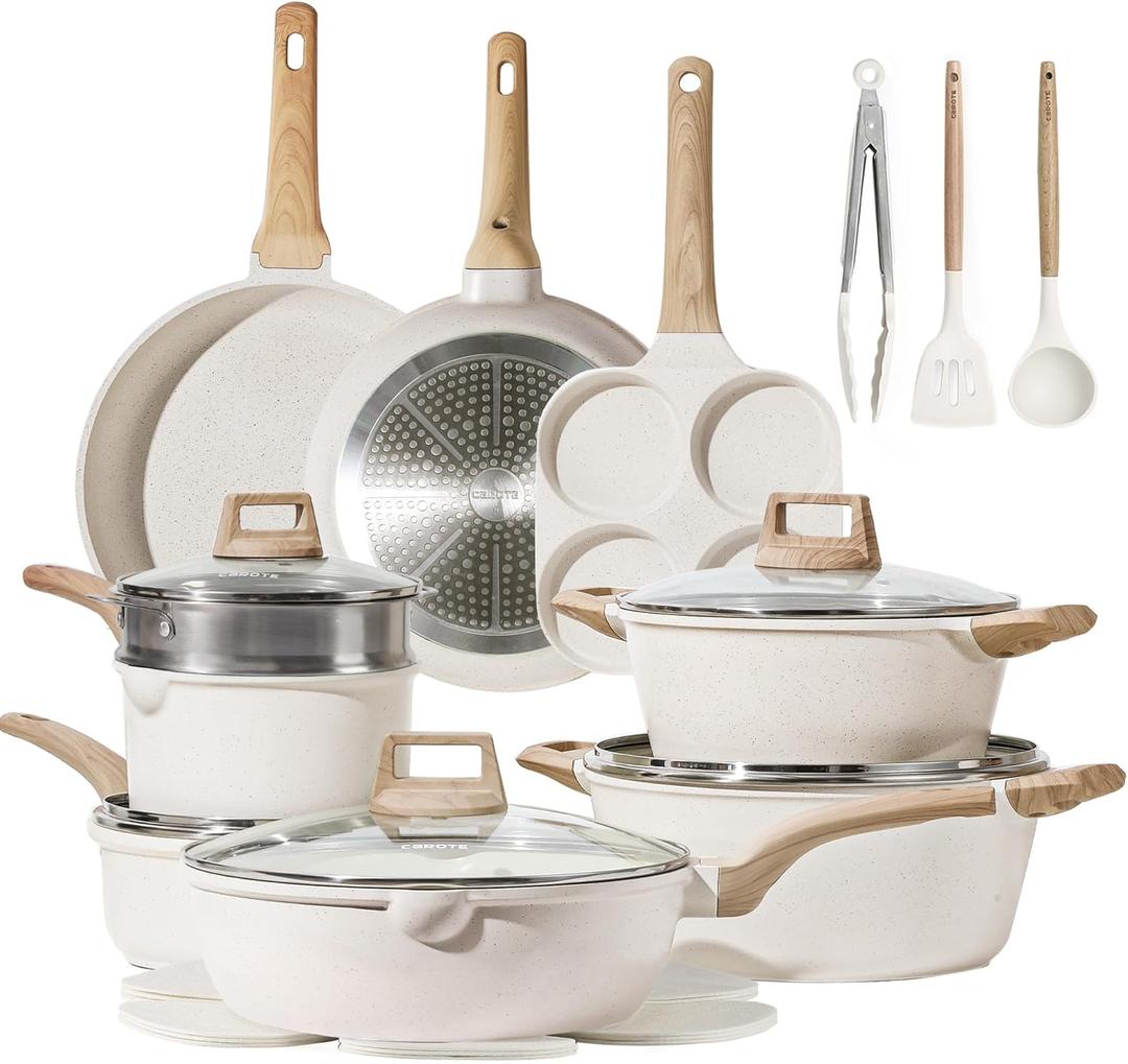 CAROTE 21Pcs Pots and Pans Set, Nonstick Cookware Sets, White Granite Induction Cookware Non Stick Cooking Set w/Frying Pans & Saucepans(PFOS, PFOA Free), 21 Piece