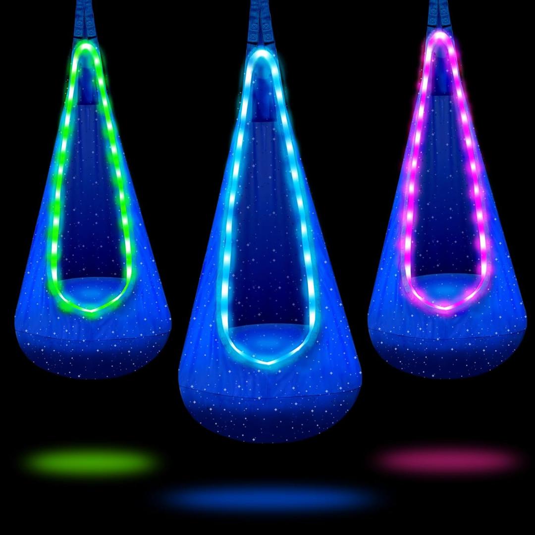 Light Up Kids Pod Swing Seat, Sensory Swing with Multiple LED Light Modes & Inflatable Pillow & Adjustable Straps, Star-Studded Hanging Hammock Chair for Kids Indoor Outdoor - Blue