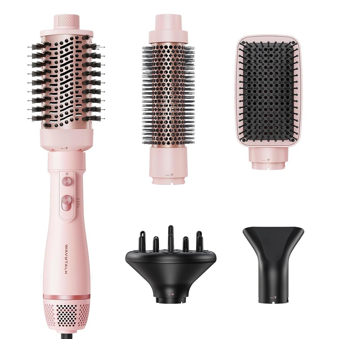Blow Dryer Brush Set, Wavytalk Air Sculpt 5-in-1 Hot Air Brush Set, Multi Hair Styler for Salon Blowouts, Smooth Curls, Volumizing and Straightening, Sleek and Less Frizz, Pink