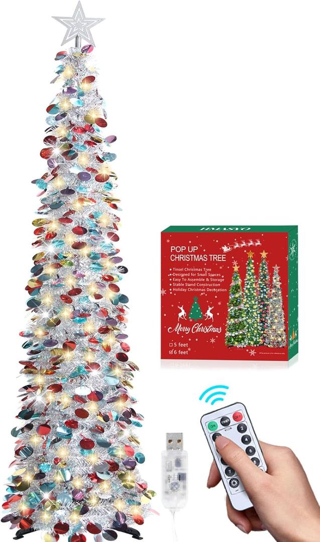 HMASYO 6 FT Pop Up Christmas Tree with 100 LED Lights & Remote, Sliver Christmas Tinsel Tree, Collapsible Artificial Pencil Tree for Home Office Party Decor, USB Powered Timer Lights, Easy Assembly (Colorful Silver)