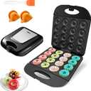 Mini Donut Maker Machine for Home, Kid-Friendly 16-Hole Electric Doughnut and Pancake Maker with Non-Stick Surface, Ideal for Homemade Doughnuts (Black with 1 Pair Mini Oven Gloves & Brush)