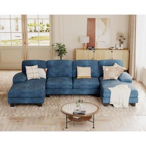 JUMMICO Sectional Couches for Living Room, U Shaped Couch with Chenille Fabric, 4 Seat Modern Sofa with Removable Pillows for Apartment and Small Space (Fabric, Blue)