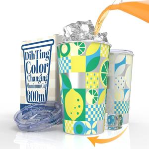 Summer Pool Party Favors, 21oz Color Changing Aluminum Cup with Lid, Reusable Tumbler Iced Coffee & Smoothie Cup with Lid for Kids Boys Girls Gift Beach Birthday Party Favors, Lemon Pattern (Yellow)