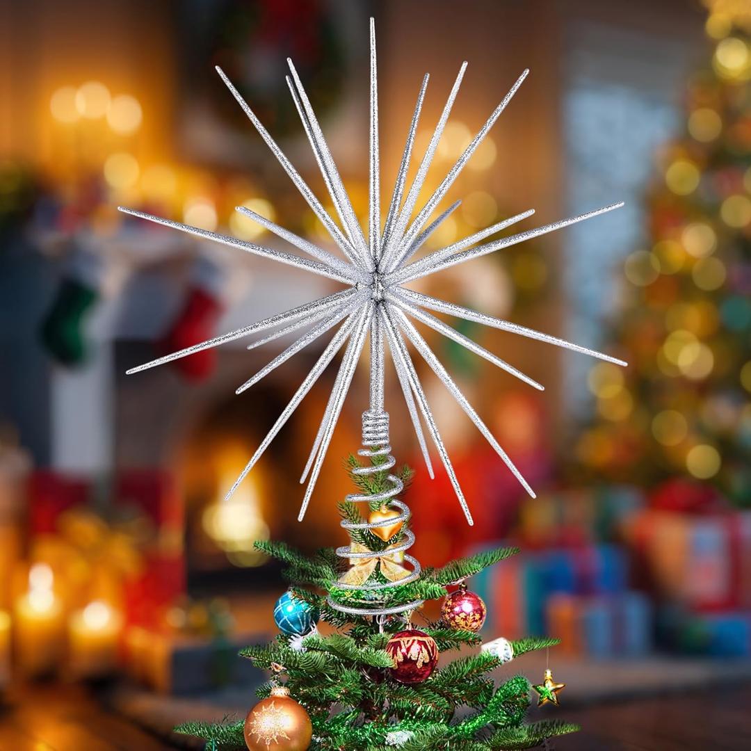 13.8 Inch Silver Christmas Burst Tree Topper Glittered 3D Burst Plastic Tree Topper Exploding Star Christmas Decoration for Home Ornaments Holiday Party Supplies