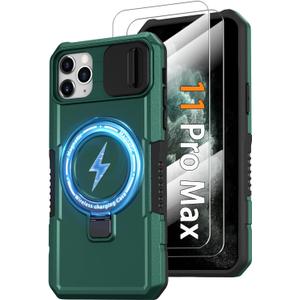 Magnetic Case for iPhone 11 Pro Max, with Ring Stand [Glass Screen Protector] [Compatible with MagSafe] Military Grade Case with Camera Cover, Heavy Duty Shockproof Cover for iPhone 11 ProMax, Green