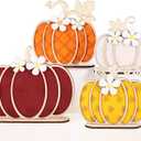 Leinuosen 4 Pcs Thanksgiving Fall Pumpkin Decoration Wooden Tabletop Signs Pumpkin of 4 Size, Autumn Table Centerpieces Season Tray Decor for Halloween Harvest Home Room Decoration(Autumn Colors)