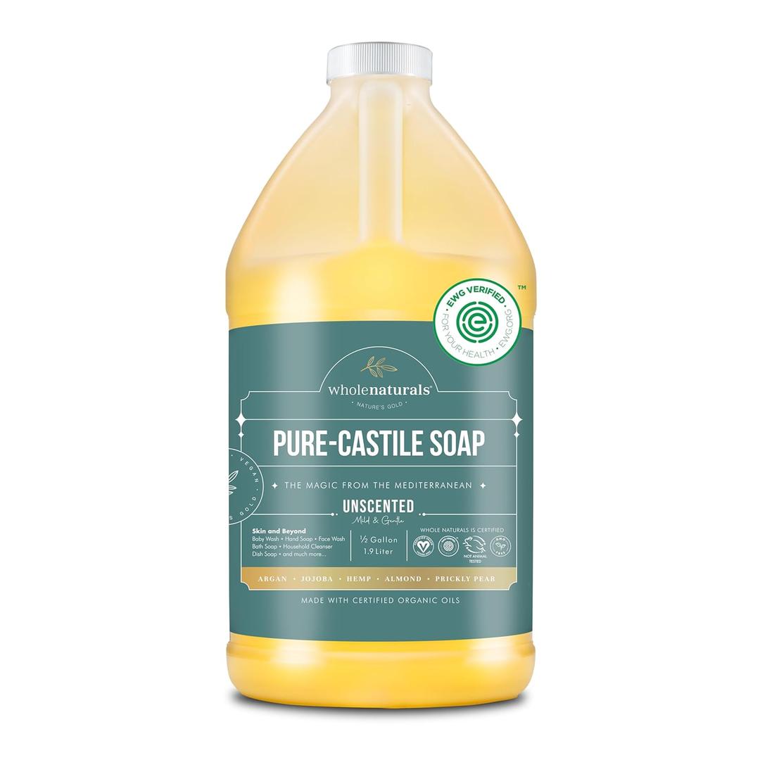 WHOLENATURALS Pure Castile Soap Liquid, EWG Verified & Certified Palm Oil Free Unscented, Natural, Mild & Gentle Non-GMO & Vegan - Organic Body Wash, Laundry, Pet/Dog and Baby Soap - 64 Fl Oz