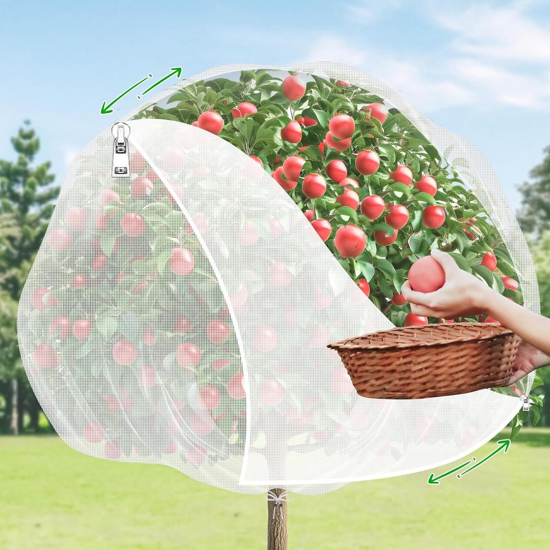 Fruit Tree Netting with 2-Way Zipper & Drawstring - 6.4Ft x 6.4Ft Garden Plant Net Pest Barrier to Prevent Cicadas Bird Squirrel Deer - Bug Protection for Blueberry Tomato with Fine Mesh Insect Cover