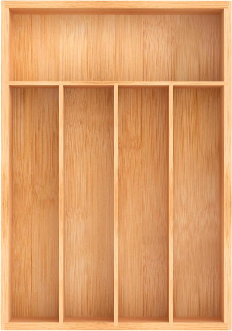 Bamboo Utensil Drawer Organizer, Kitchen Organizer for Flatware Cutlery, Silverware Tray for Drawer (5 Slots, Natural) (Medium 13.7x9.8 Inch)